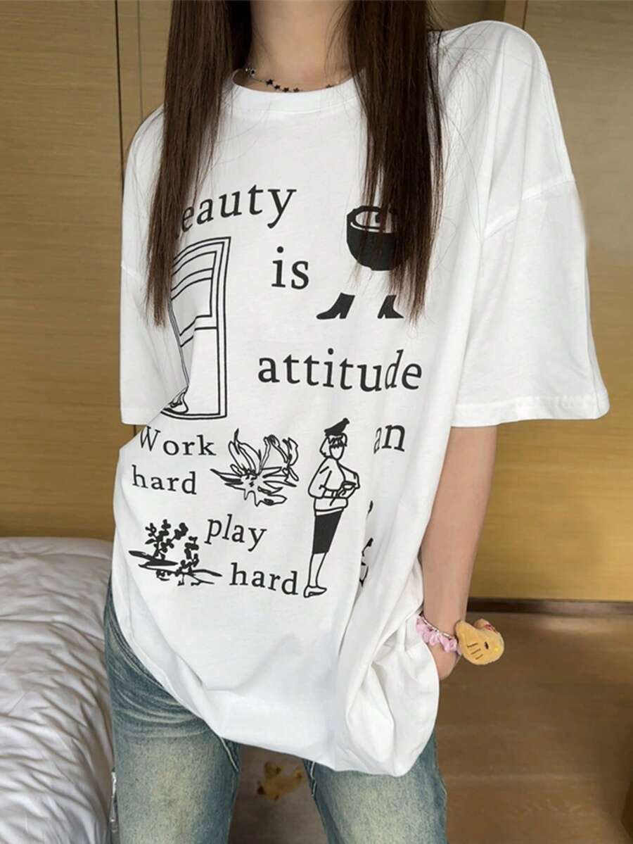 Letter Graphic Drop Shoulder Oversized Tee - White - View 1