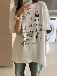 Letter Graphic Drop Shoulder Oversized Tee - White - View 3