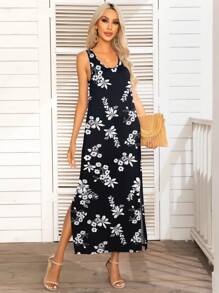 DEARCASE Floral Print Tank Dress - Black and White - View 1