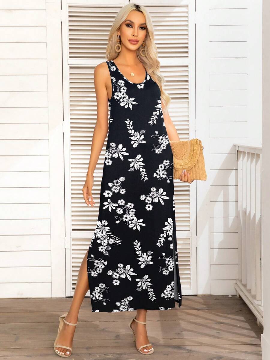 DEARCASE Floral Print Tank Dress - Black and White - View 1