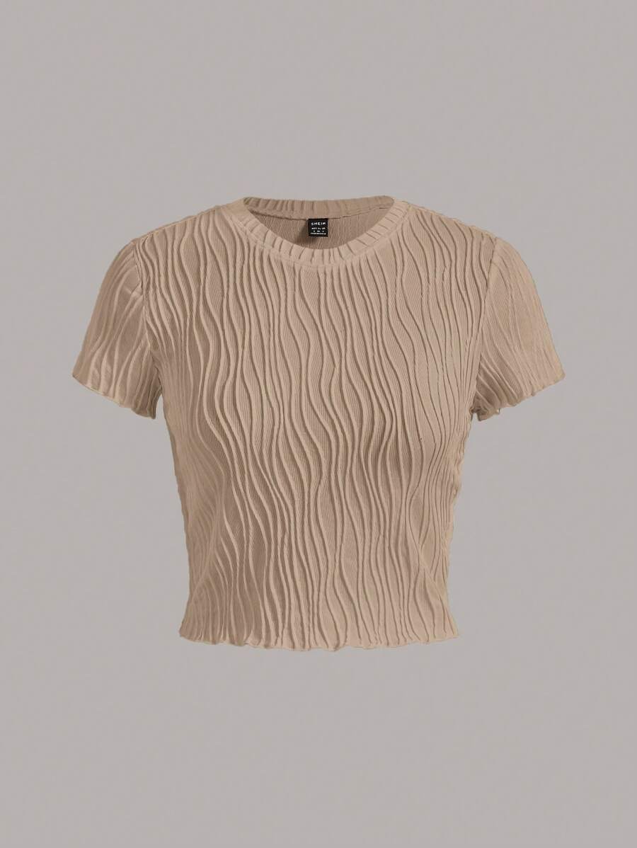 SHEIN EZwear 素色木耳邊短款T恤 - 卡其色 - 查看 1