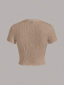 SHEIN EZwear 素色木耳邊短款T恤 - 卡其色 - 查看 2