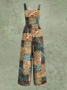 ROMWE Hippie Patchwork Print Wide Leg Overall Jumpsuit - Multicolor - View 1
