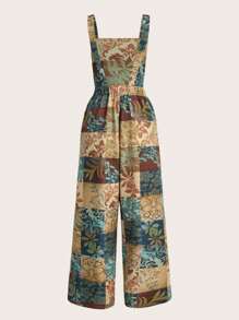 ROMWE Hippie Patchwork Print Wide Leg Overall Jumpsuit - Multicolor - View 6