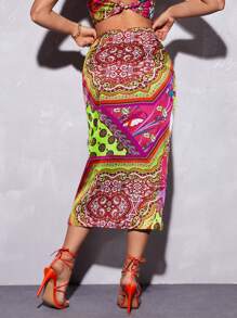 SHEIN VCAY 圍巾圖案側打結半身裙 - 彩色 - 查看 2