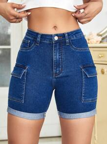 Quần short denim nữ Nút Túi Dây kéo màu trơn - Rửa tối - Xem 4