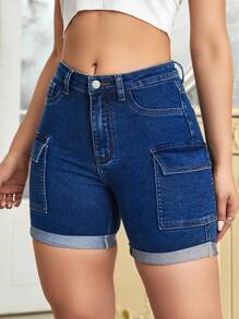 Quần short denim nữ Nút Túi Dây kéo màu trơn - Rửa tối - Xem 6