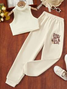 SHEIN Explorewe 中小學女孩高領無袖上衣和口號圖案運動褲 - 杏色 - 查看 1