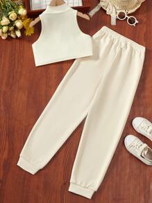 SHEIN Explorewe 中小學女孩高領無袖上衣和口號圖案運動褲 - 杏色 - 查看 2