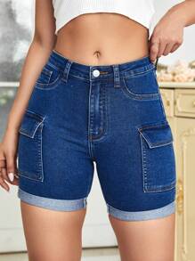 Quần short denim nữ Nút Túi Dây kéo màu trơn - Rửa tối - Xem 1