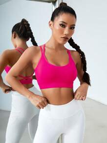 Easithlete Crisscross Backless Sports Bra - Hot Pink - View 2