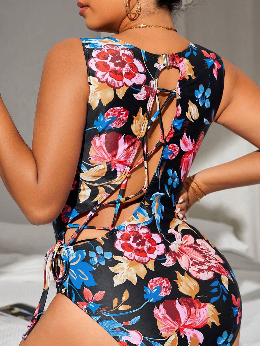 Plus Floral Print Lace Up Backless Knot Side One Piece Swimsuit - Multicolor - View 1