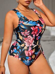 Plus Floral Print Lace Up Backless Knot Side One Piece Swimsuit - Multicolor - View 3