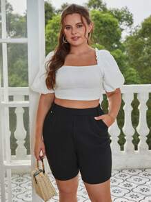 SHEIN Frenchy Quần Short kích thước lớn Túi màu trơn Giải trí - màu đen - Xem 4