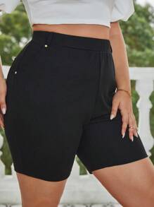 SHEIN Frenchy Quần Short kích thước lớn Túi màu trơn Giải trí - màu đen - Xem 5
