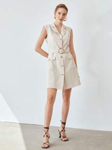 MOTF X Nour PREMIUM Váy sơ mi vải lanh viscose không tay - Màu be - Xem 2