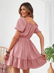 Breezaya Vestido de cuello cuadrado con fruncido de manga farol bajo con fruncido - Rosa - Ver 2