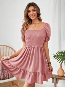 Breezaya Vestido de cuello cuadrado con fruncido de manga farol bajo con fruncido - Rosa - Ver 4