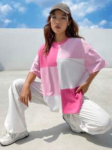 SHEIN EZwear Colorblock Drop Shoulder Tee - Multicolor - View 3