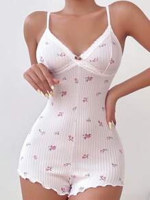 印花蕾絲邊吊帶連體短褲 - 淺粉色 - 查看 1