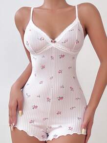 印花蕾絲邊吊帶連體短褲 - 淺粉色 - 查看 3