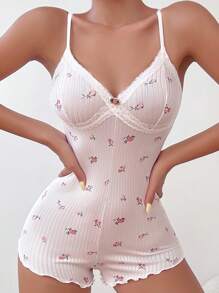 印花蕾絲邊吊帶連體短褲 - 淺粉色 - 查看 5