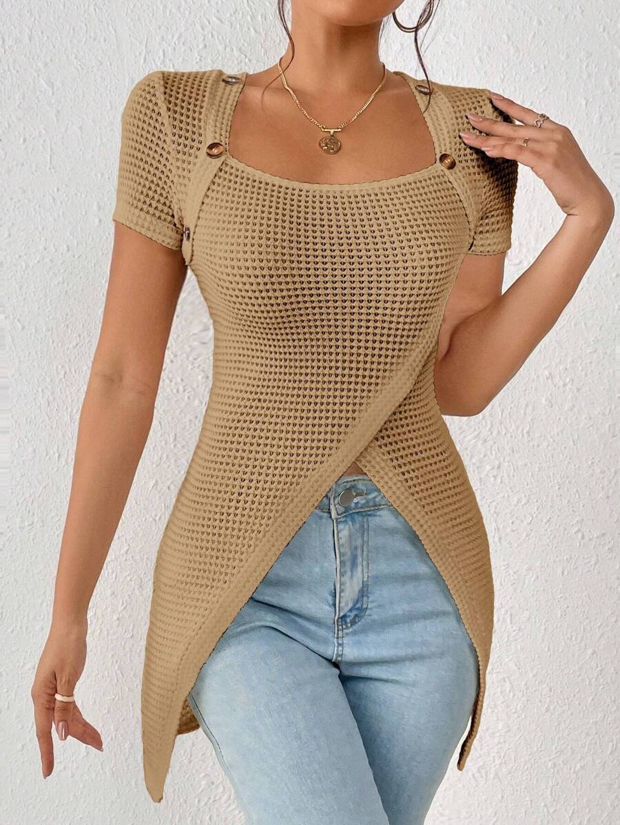 Chiquease Áo thun nữ Bất đối xứng Nút màu trơn Giải trí - Màu Khaki - Xem 1