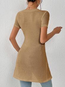 Chiquease Áo thun nữ Bất đối xứng Nút màu trơn Giải trí - Màu Khaki - Xem 2