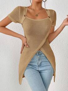 Chiquease Áo thun nữ Bất đối xứng Nút màu trơn Giải trí - Màu Khaki - Xem 4