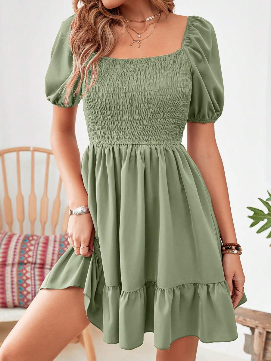 Breezaya Vestido de cuello cuadrado de manga farol bajo con fruncido - Verde - Ver 1