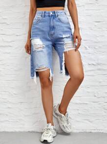 SHEIN Unity Quần short denim nữ Hem thô Bị tách Dây kéo màu trơn - Rửa nhẹ - Xem 3