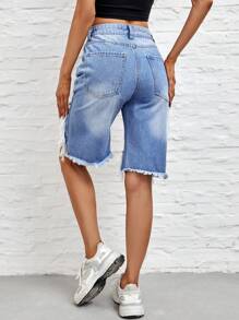SHEIN Unity Quần short denim nữ Hem thô Bị tách Dây kéo màu trơn - Rửa nhẹ - Xem 2