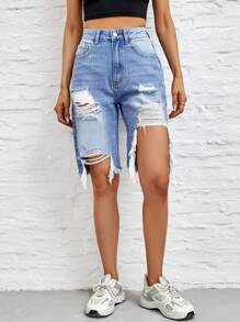 SHEIN Unity Quần short denim nữ Hem thô Bị tách Dây kéo màu trơn - Rửa nhẹ - Xem 4