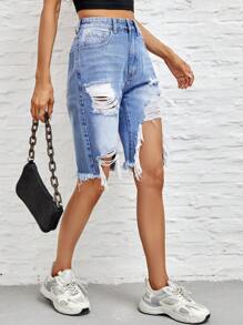 SHEIN Unity Quần short denim nữ Hem thô Bị tách Dây kéo màu trơn - Rửa nhẹ - Xem 5