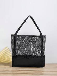 Bolsa de playa grande de malla diseño unicolor negro - Negro - Ver 1