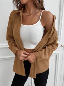 SHEIN LUNE Camisa unicolor con botón delantero con parche de bolsillo de pana - Café integral - Ver 1