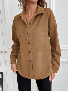 SHEIN LUNE Camisa unicolor con botón delantero con parche de bolsillo de pana - Café integral - Ver 3