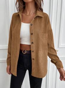 SHEIN LUNE Camisa unicolor con botón delantero con parche de bolsillo de pana - Café integral - Ver 5