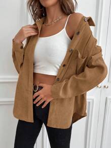 SHEIN LUNE Camisa unicolor con botón delantero con parche de bolsillo de pana - Café integral - Ver 6