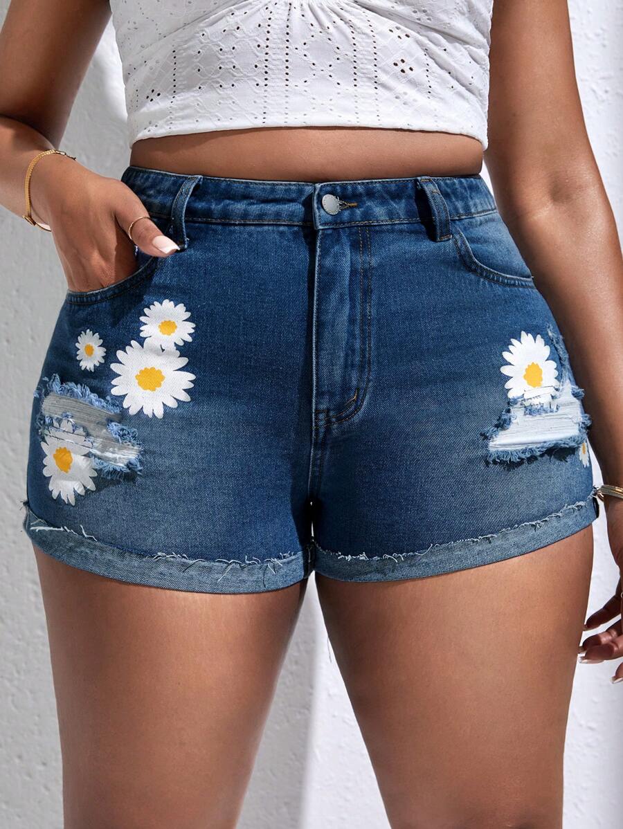 SHEIN SXY 大碼印花破洞卷邊牛仔短褲 - 深色水洗藍 - 查看 1