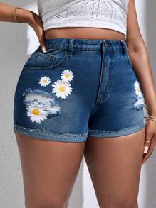 SHEIN SXY 大碼印花破洞卷邊牛仔短褲 - 深色水洗藍 - 查看 3