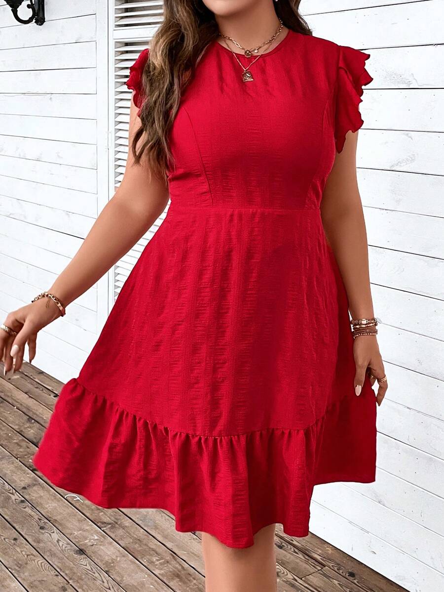 SHEIN LUNE Vestido con volantes en el bajo para Año Nuevo en talla grande - Rojo - Ver 1