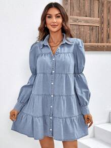 SHEIN LUNE Gather Sleeve Ruffle Hem Denim Dress - Light Wash - View 4
