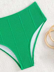 素色條紋針織高腰泳衣下裝 - 綠色 - 查看 3