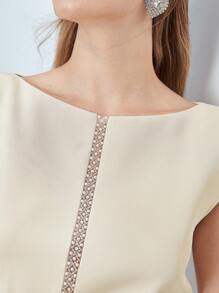 MOTF PREMIUM 珍珠拼接中長緊身連衣裙 - 米色 - 查看 3