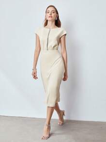 MOTF PREMIUM 珍珠拼接中長緊身連衣裙 - 米色 - 查看 5