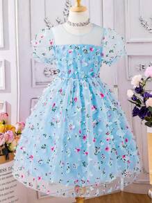 Girls Floral Embroidery Mesh Overlay Puff Sleeve Dress - Blue - View 1