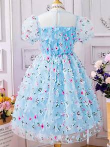 Girls Floral Embroidery Mesh Overlay Puff Sleeve Dress - Blue - View 2