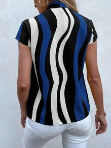 SHEIN LUNE Striped Print Tie Neck Blouse - Navy Blue - View 2