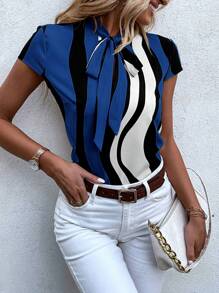 SHEIN LUNE Striped Print Tie Neck Blouse - Navy Blue - View 4